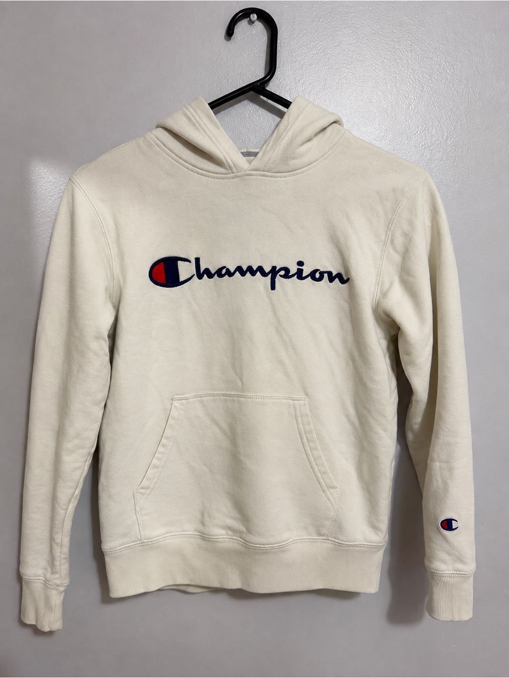 Champion Cream Pullover Hoodie with Navy & Red Logo